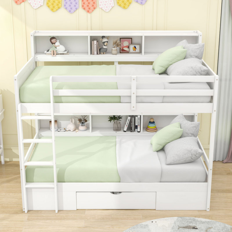 Lit superposé simple au-dessus d'un lit simple en bois avec tiroir de rangement intégré et tablettes robustes, Blanc