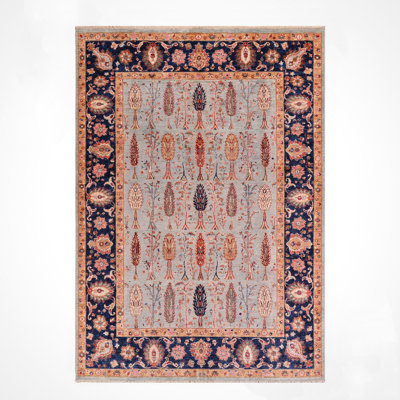 Original Hand Knotted Traditional Pattern Gray Wool and Cotton Rug