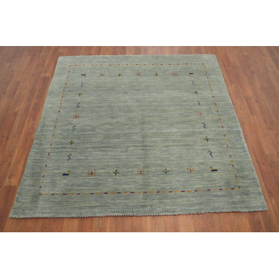 Tapis carré en laine vert fait à la main de style Gabbeh 5 x 5