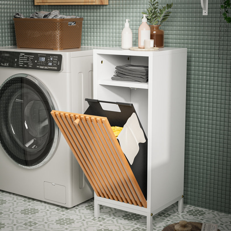 Armoire de salle de bain avec devant, tirette et panier amovible, autoportante, blanc naturel, un tiroir, deux tablettes, finition laquée, l 13 po de largeur, 33,5 po de hauteur, panier à linge profond