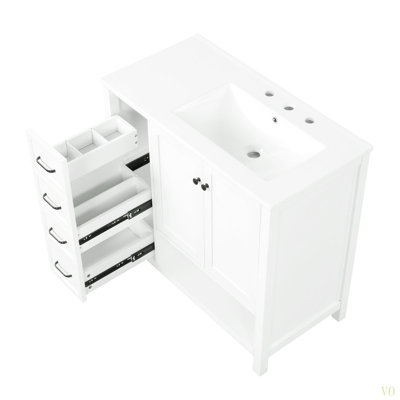 Meuble-lavabo 36 po avec comptoir d'évier, meuble-lavabo avec deux portes et deux tiroirs, bois massif, tablette ouverte, panneaux de fibres à densité moyenne, un paquet
