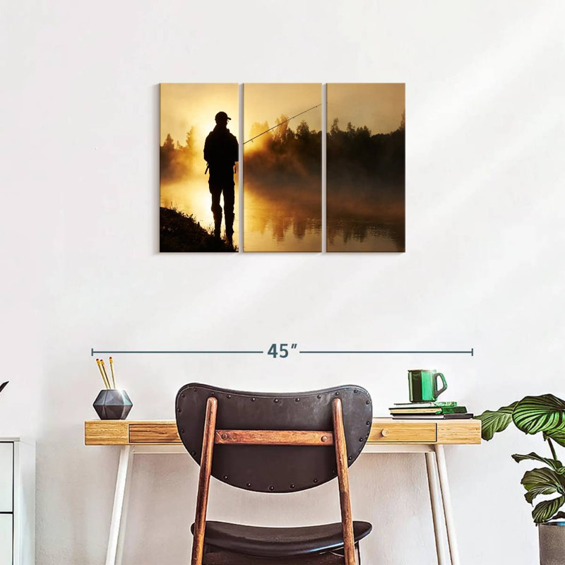 «Foggy Riverbank Fishing», 3 pièces sur toile, H 20 po x l 33 po x P 1,25 po