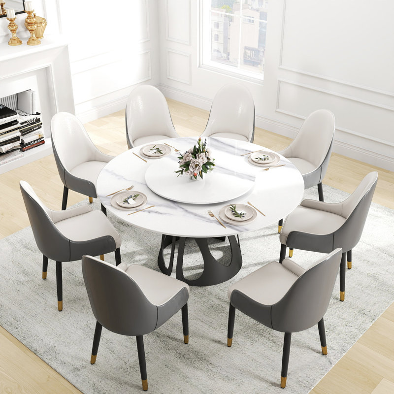 Table de salle à manger de 57,78 po en pierre frittée ronde, base en fer noir, table tournante blanche de 31,5 po, capacité de 6 à 8, faible perméabilité à l'eau et base en métal chic facile à nettoyer en noir, disque rotatif, 6 à 8 personnes, chauffant