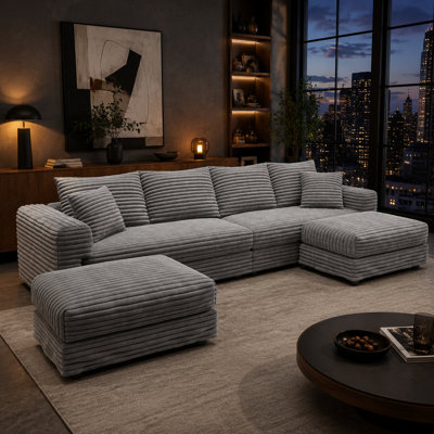 Ramspoth 102.4" Plush Corduroy 4-Seater Sofa with 2 Movable Ottomans, Deep Seats, Removable Backrests and 1,000 lb. Capacity