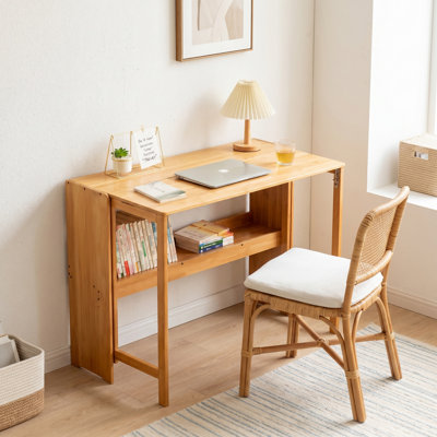 Bureau pliable en bambou de 32,5 po de large avec bureau et tablette de rangement