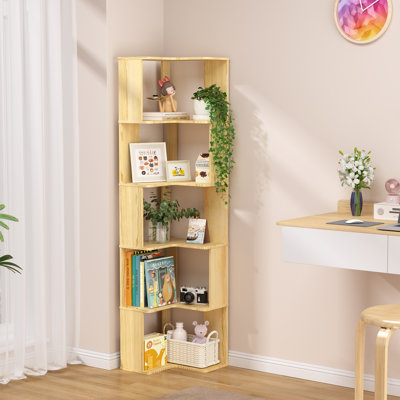 Wood Corner Bookshelf 5-tier - 62 Inch Tall Corner Bookcase Modern L Shaped, Natural Solid Large Corner Shelf Stand, Open Display Shelving Storage Rack For Bedroom, Living Room, Home Office
