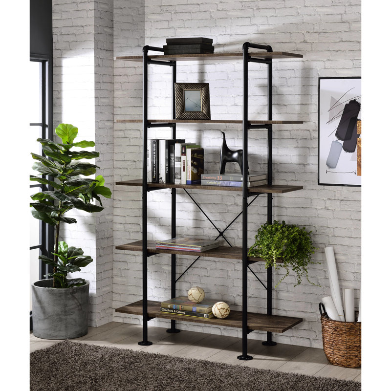 Bibliothèque industrielle rustique en chêne et en noir avec 5 tablettes - Rangement de bureau pratique et bibliothèque
