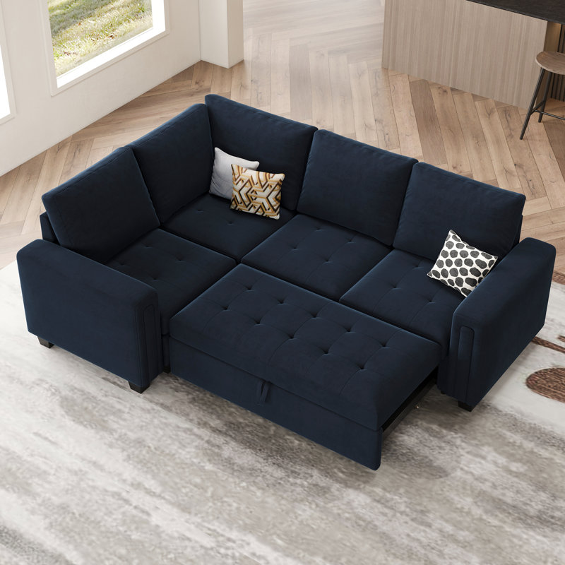 Canapé-lit modulaire en L Shavera, Velours bleu