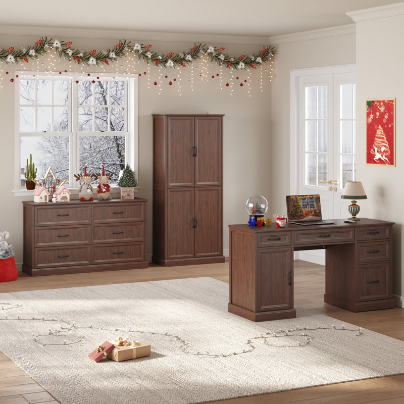 Farmhouse 3-Piece Office Set - Natural Woodgrain Desk, Adjustable Bookcase & 6-Drawer Dresser, Brown