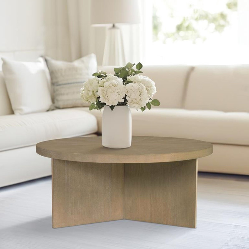Table basse ronde en placage massif recyclé de conception récupérée, 36 po de diamètre, 16,5 po de hauteur, placage, table Wipe Clean Surface en grège, 36 po, H 16,5 po, motif, avec bois et assemblage
