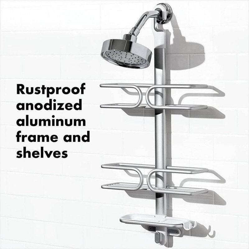Étagère de douche en aluminium à 3 niveaux avec tablettes antirouille, crochets de fixation et ventouses de rangement.