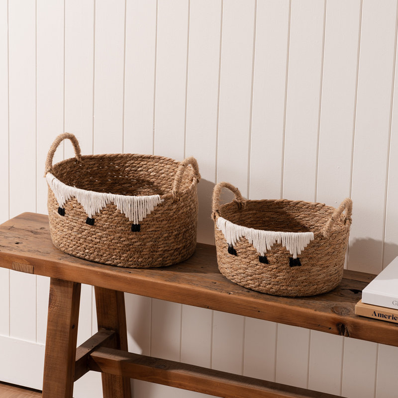 Seagrass Storage Baskets Set of 2 Macrame Fringe Tassels Rope Handles Boho Home Organizer