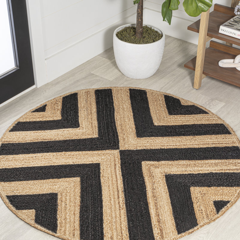 Adwin Two-Tone Chevron Round Jute Black/Natural Rug, Round 6'1"