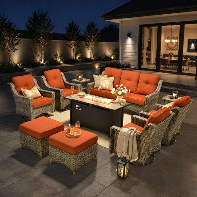 10-Piece Wicker Patio Conversation Set with Swivel Rocking Chairs and 50,000 BTU Fire Pit Table