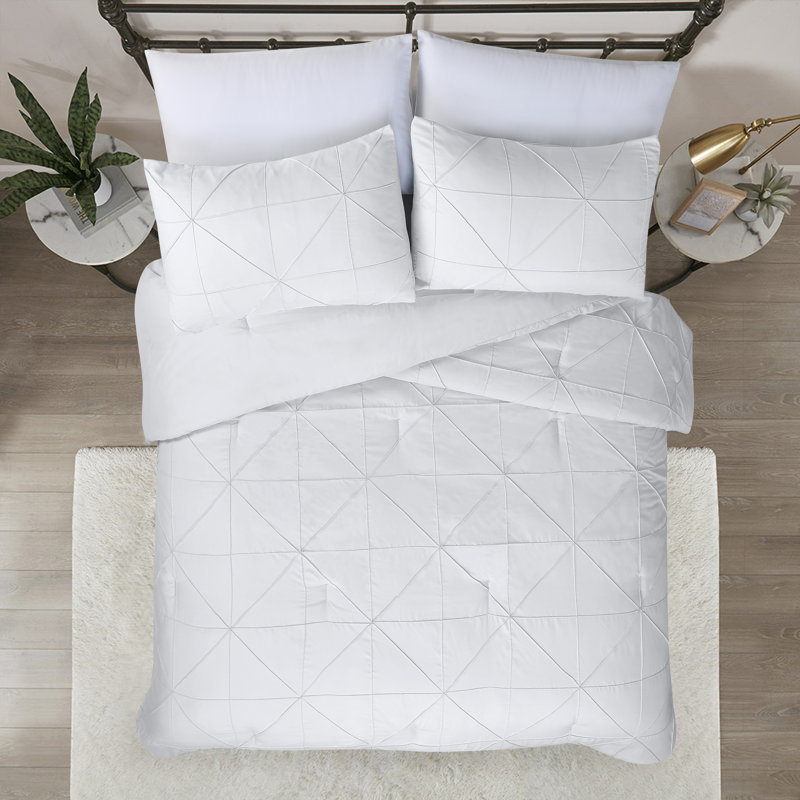Ensemble d'édredon en microfibre Hartford Pintuck, Édredon pour grand lit + 2 taies décoratives, Blanc