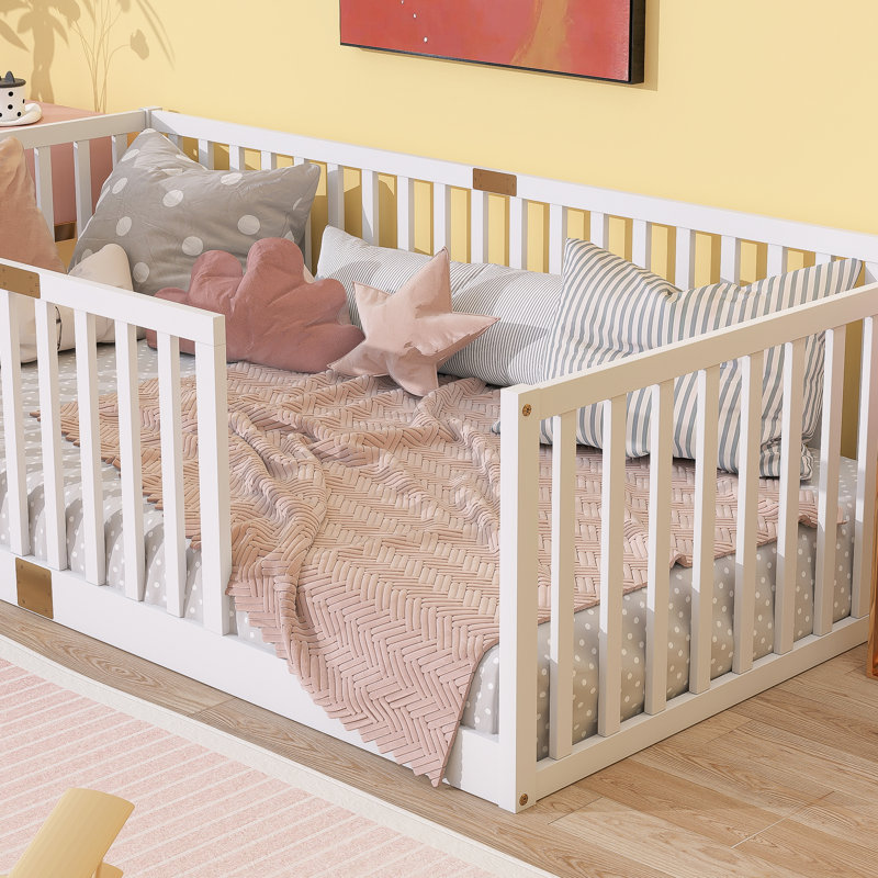 Twin Size Floor Bed with High Fence Guardrails, Rubber Wood Kids Floor Bed, 6 Slats, No Door,White, White