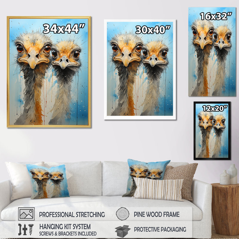 Vibrant Ostriches Portrait Wrapped Canvas Wall Art