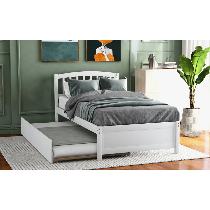Lit simple en bois blanc avec lit gigogne - Structure solide pour une charmante plateforme de chambre à coucher