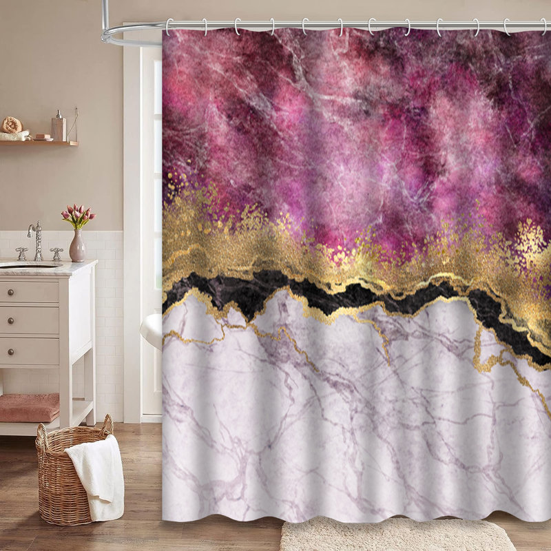 Rideau de douche à veines abstraites en marbre rose et or avec 12 crochets, L 72 po x l 78 po