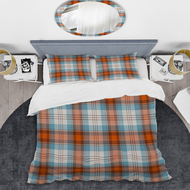 Tartan à carreaux bleu et brun - Ensemble de housse de couette abstrait - Microfibre de polyester