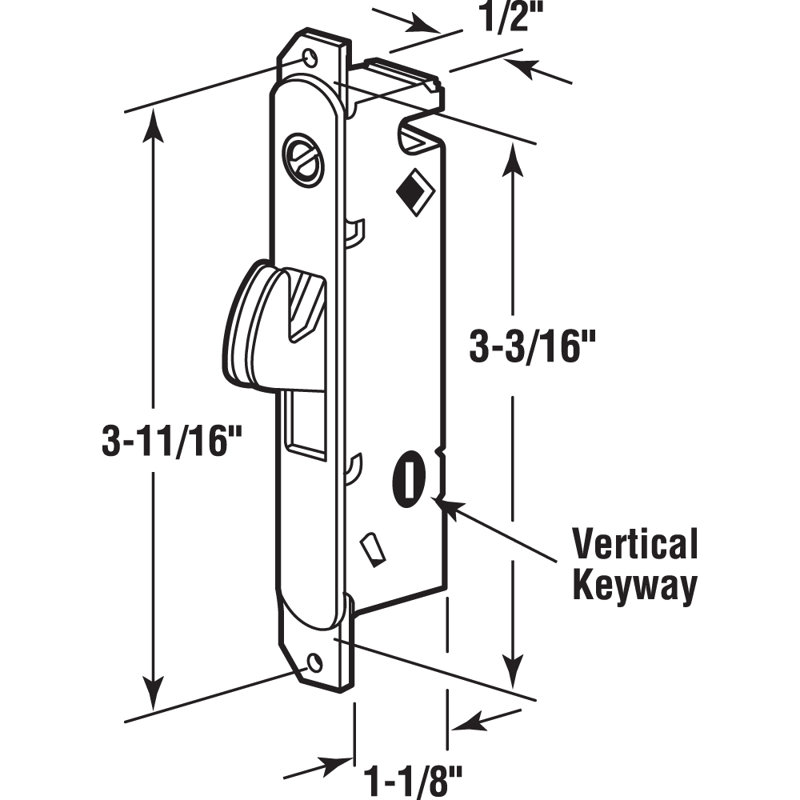 Prime-Line Mortise Lock - Adjustable, Spring-Loaded Hook Latch Projection for Sliding Patio Doors Constructed of Wood, Aluminum and Vinyl, 3-11/16, Vertical Keyway, Round Face