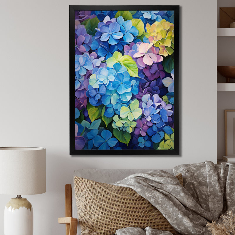 «Blue Blue Hydrangea Petals In Motion», reproduction sur toile, Cadre photo noir, H 20 po x l 12 po x P 1 po