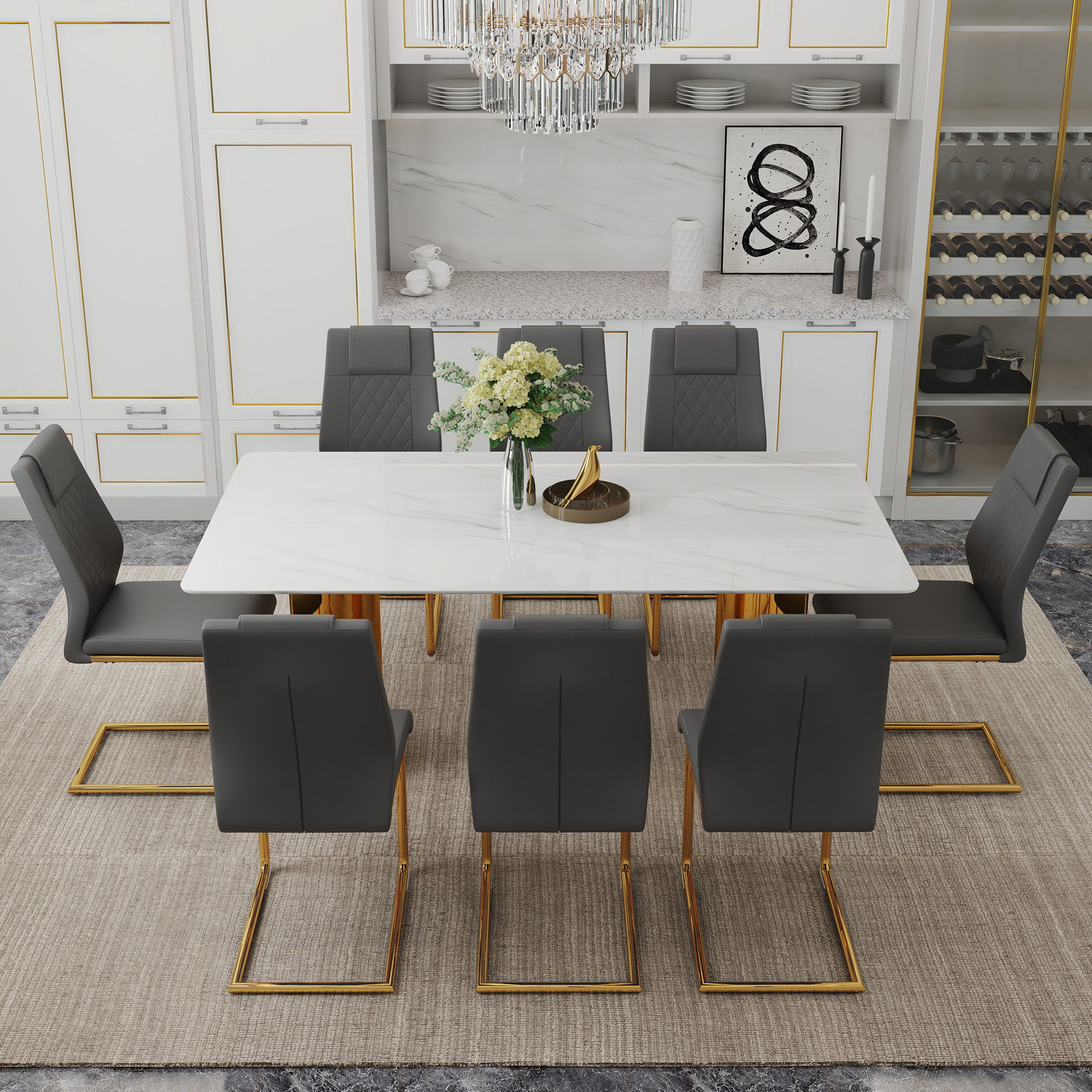 Everly Quinn 8 - Seater Glass Table And Chair Featuring Marble Like ...