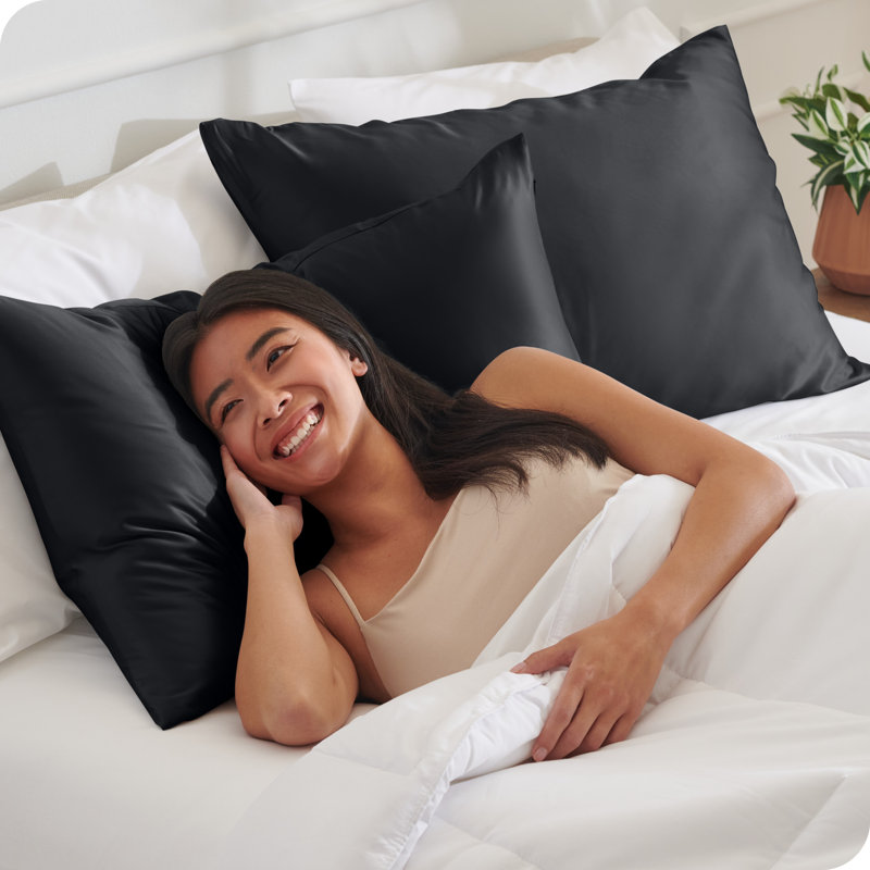 Black Satin Standard Pillowcase Set with Zipper Closure