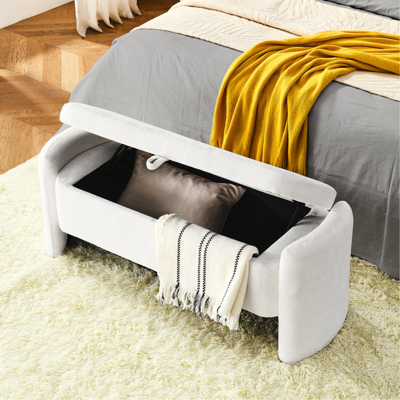 Banc de rangement ovale en tissu de chenille avec grand espace de rangement pour le salon, Blanc, crème