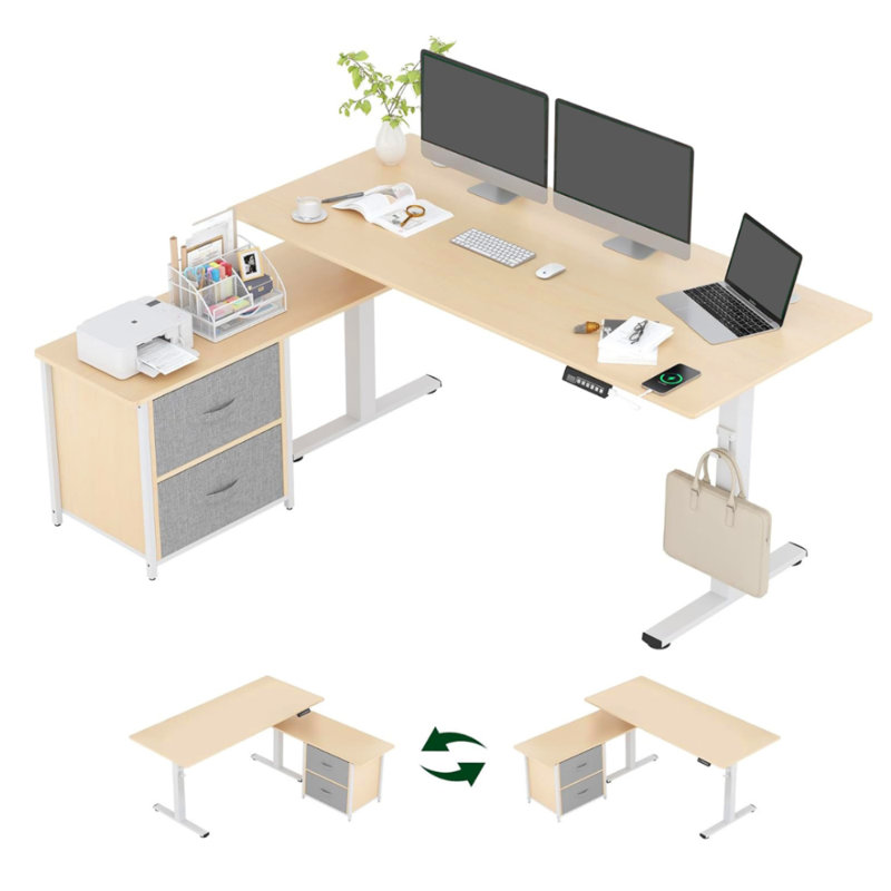 Bureau debout électrique réglable en hauteur de 63 po avec tablette latérale, écran DEL et port de charge USB (chêne clair)