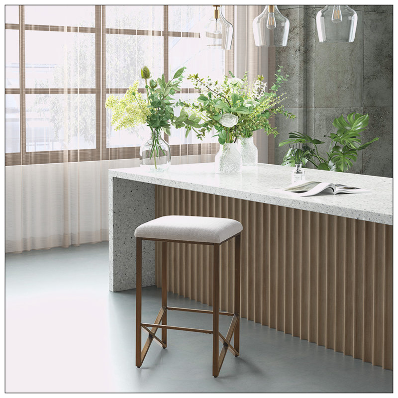 Ivory and Bronze Backless Upholstered Counter Stool with Metal Base