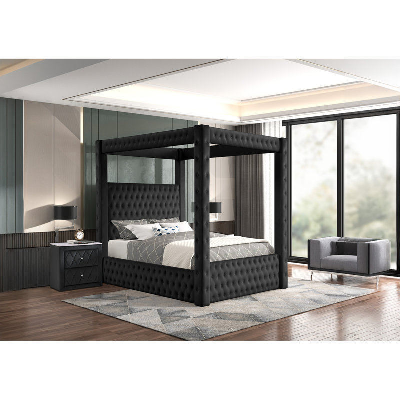 Valesia Upholstered Canopy Bed, Queen, Black
