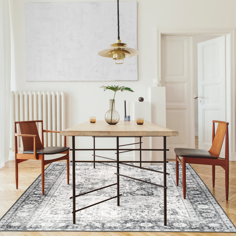 Tapis beige ivoire lavable à la machine Vintage Lefkothea Joy, Gray, Rectangulaire 3 pi x 5 pi
