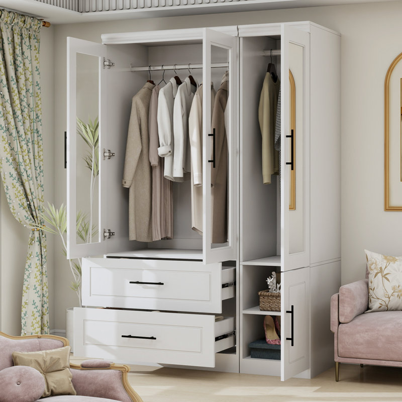 Armoire-penderie 3 portes avec tiroirs et miroir, blanc