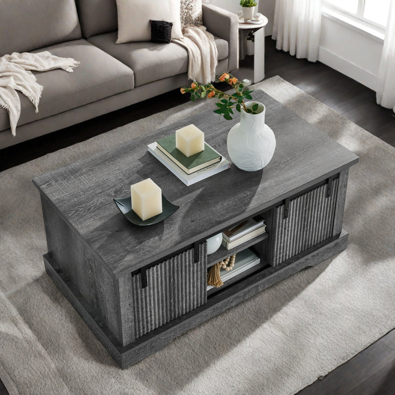 Juarez Coffee Table with Storage & Sliding Door, Gray, Gray