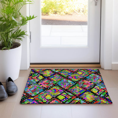 Machine Washable Indoor/Outdoor Christain ACN1327 Black Rug