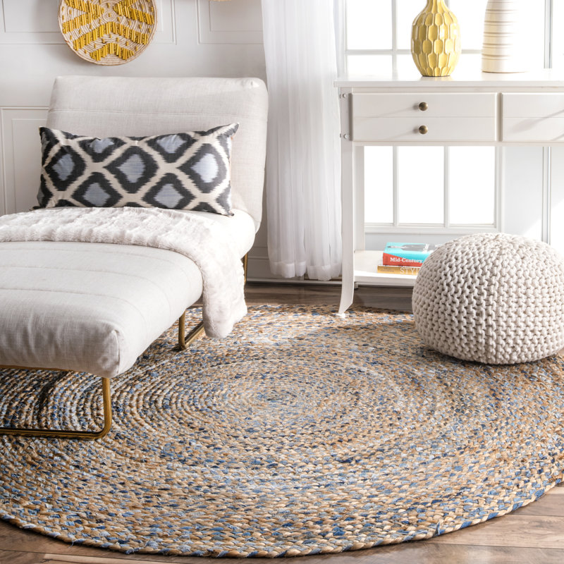 Destrie Handmade Braided Denim and Jute Blue/Beige Rug, Round 8'
