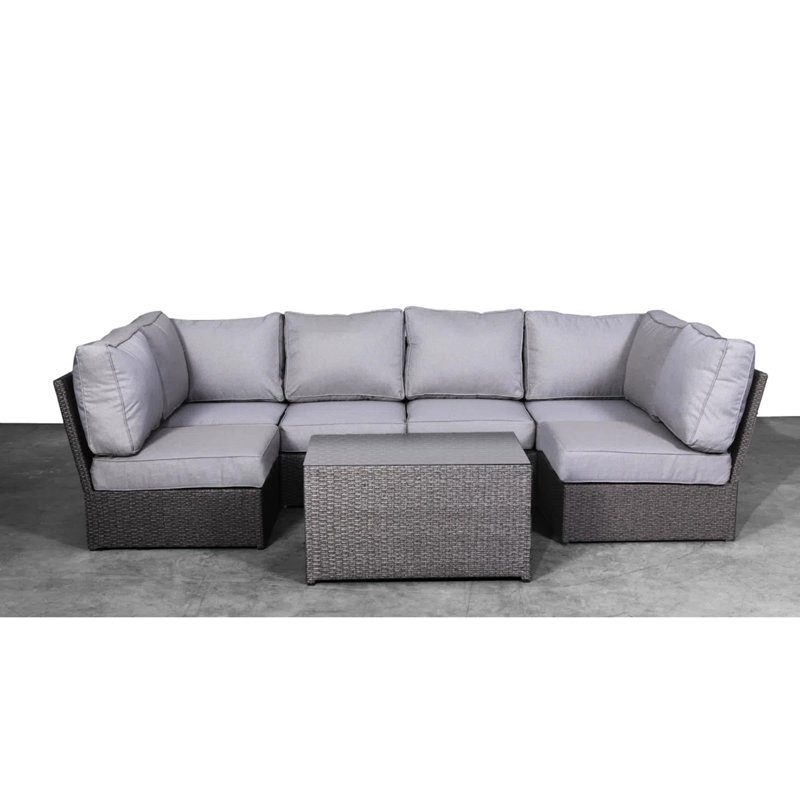 Canapé modulaire d'extérieur pour 4 personnes, coussins confortables en mousse de 5 po d'épaisseur, assemblage instantané entièrement assemblé, conception réversible, table basse à plateau en verre, housses de coussin grises avec 14 personnes amovibles