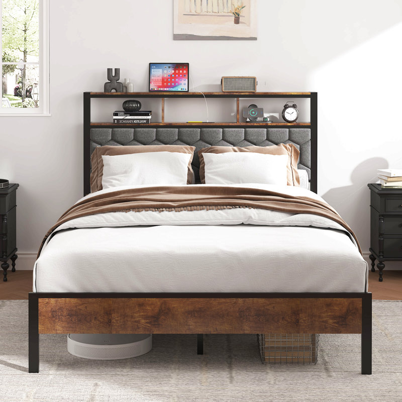 Base de lit plateforme en bois, chevet avec emballage souple et 2 pièces, Lit double