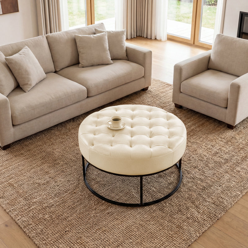 Owen Genuine Leather Round Ottoman, White