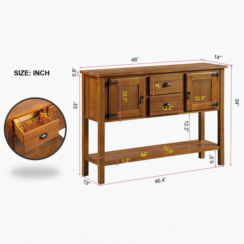 48'' Solid Wood Sideboard Console Table with 2 Drawers and Cabinets and Bottom Shelf, Retro Style Storage Dining Buffet Server Cabinet for Living Room Kitchen Dining Room