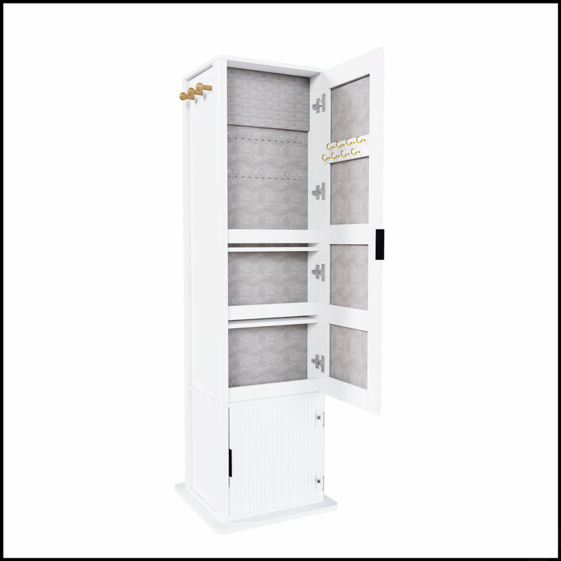 Armoire à maquillage et à bijoux rotative à 360 ° avec miroir pleine longueur, portemanteau et plusieurs tablettes de rangement pour un décor moderne