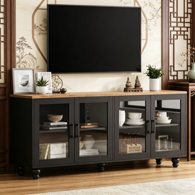 Meuble télé Farmhouse avec portes en verre trempé pour téléviseur de 70 à 70 ans, buffet polyvalent avec tablettes réglables, armoire élégante avec 5 pieds en bois massif en forme de gourde pour le salon, noir