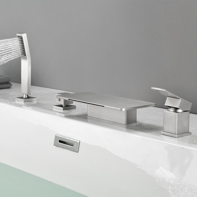 Deck Mount Roman Tub Faucet Set Waterfall High Flow Bathtub Faucets, Brushed Nickel