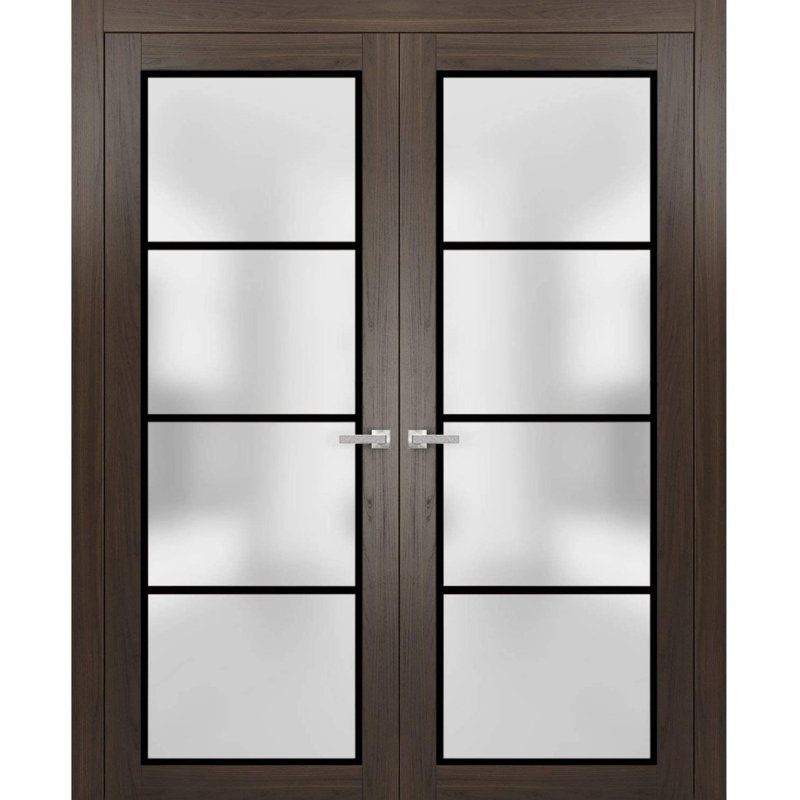 Portes françaises doubles solides | Verre givré Planum 2132 | Garnitures de cadre en bois massif | Portes robustes de chambre à coucher pour garde-robe