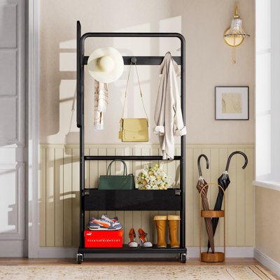 Portant à vêtements roulant 3 en 1 en métal avec miroir latéral et panier de rangement, tablette à chaussures intégrée, noir