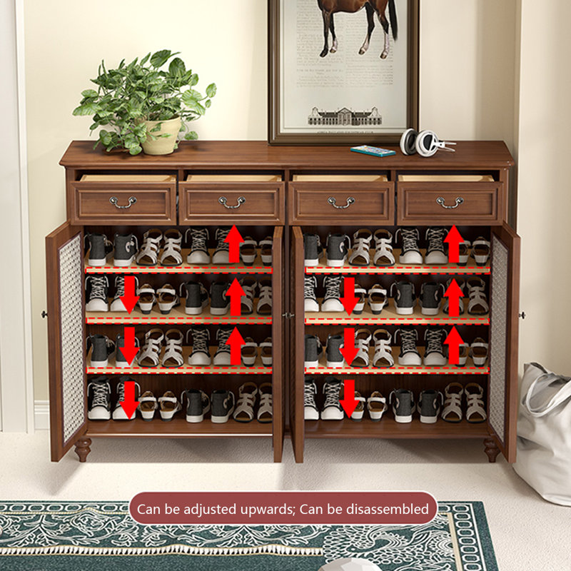 Banc de rangement en bois massif et chaussures en rotin brun noisette