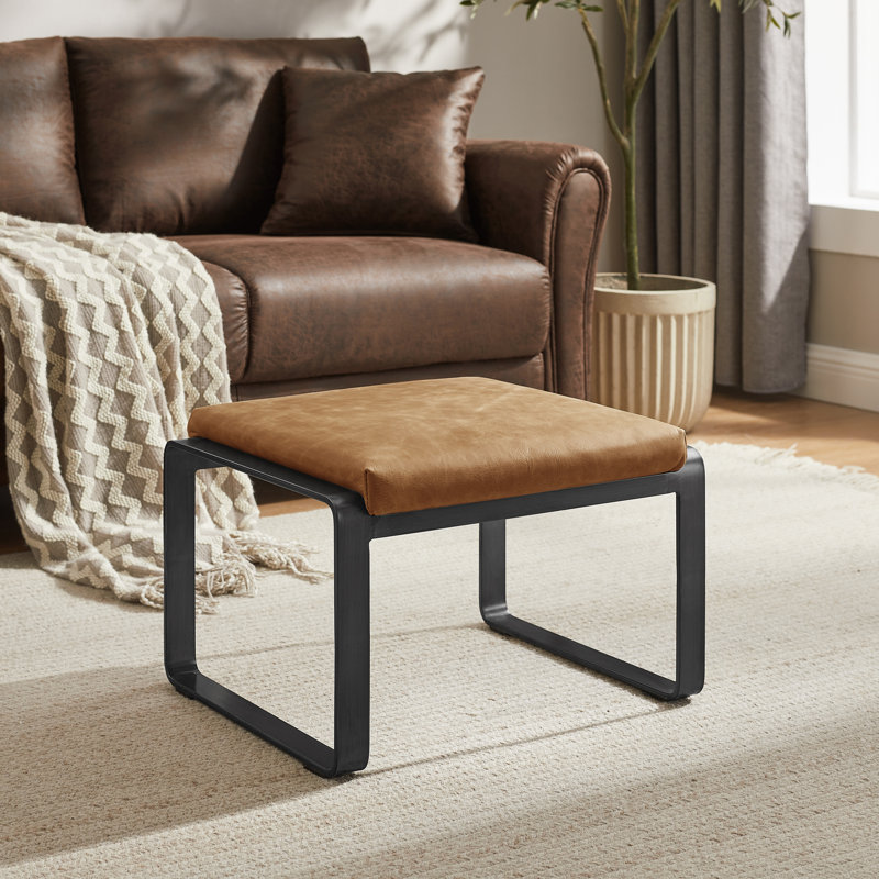 Repose-pieds rectangulaire en cuir véritable l 19,69 po avec base en métal Biorte, Brun clair