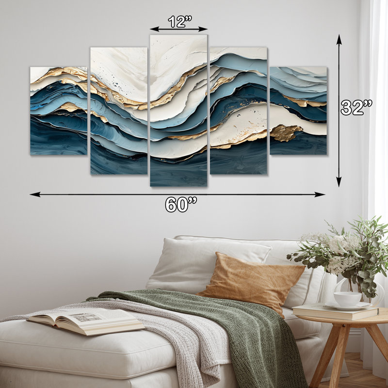 Marbre blanc et bleu, vague IV - ensemble d'art mural vagues côtières