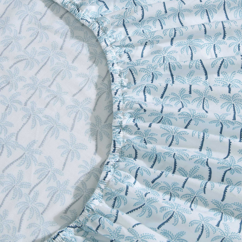 King Blue Cotton Percale Palm Print Sheet Set